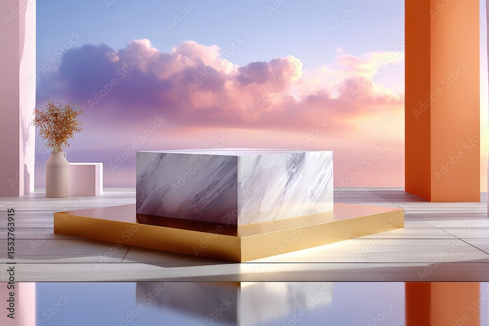 Aufkleber marble product display on golden platform with sky, ideal for luxury branding and cosmetic presentat