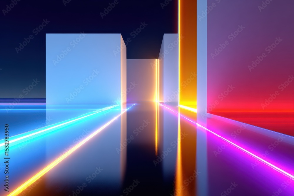 Poster abstract corridor of neon lights and white blocks, representing futuristic technology and digital in