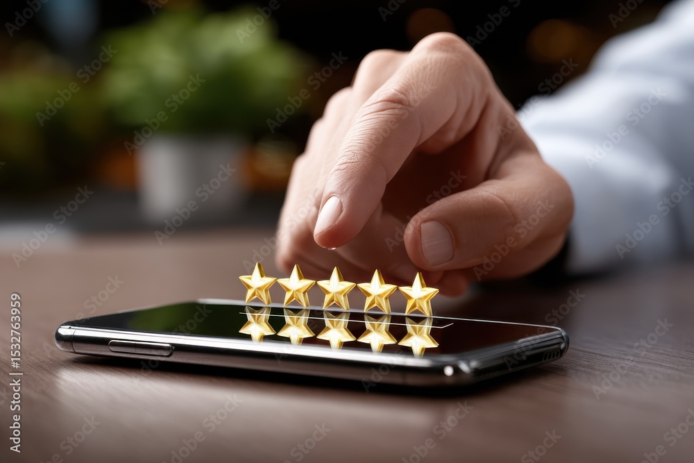 Poster hand rating five golden stars on smartphone screen, signifying customer satisfaction and positive fe