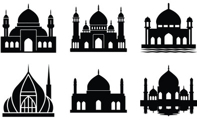 Bruneian Mosque Silhouette Vector Set – Elegant Islamic Architecture Featuring Domes, Minarets, and Traditional Malay Design Elements from Brunei