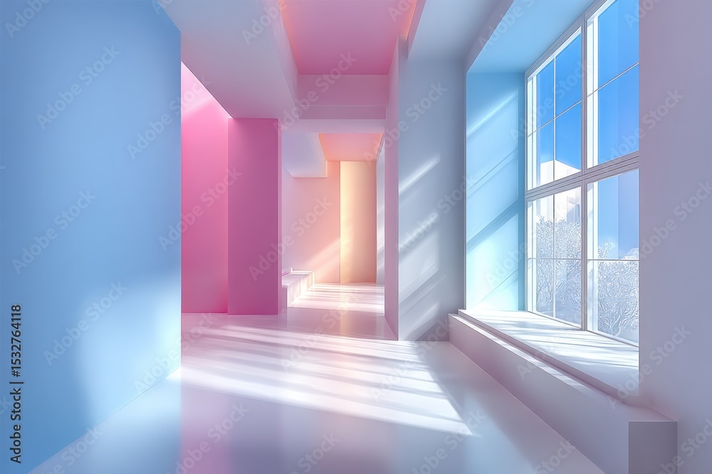 Poster modern interior with pastel colors and large window, evoking serenity and a sense of calm, ideal for