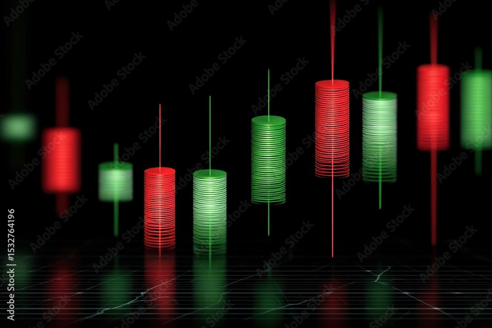 Poster Candlestick Chart With Red and Green Columns on Black, Representing Stock Market Analysis and Investment Strategy : Generative AI
