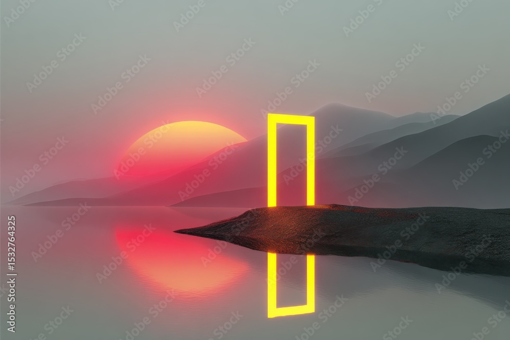 Poster neon portal on island at sunset reflecting in water, representing new beginnings and digital transfo