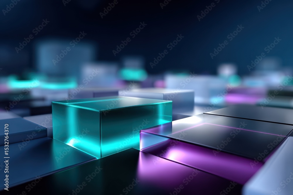 Poster abstract arrangement of glowing cubes in blue and purple, illustrating modern technology and data vi