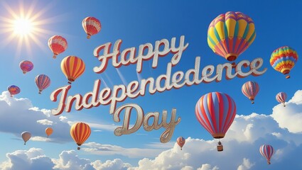 Obraz premium Whimsical scene with each hot air balloon carrying one letter, spelling out “Happy Independence Day” across a sunny sky