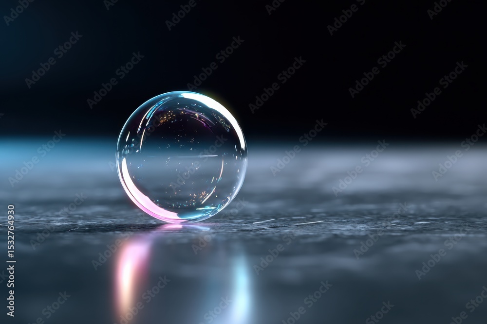 Poster translucent sphere on reflective surface, representing innovation and scientific discovery in techno