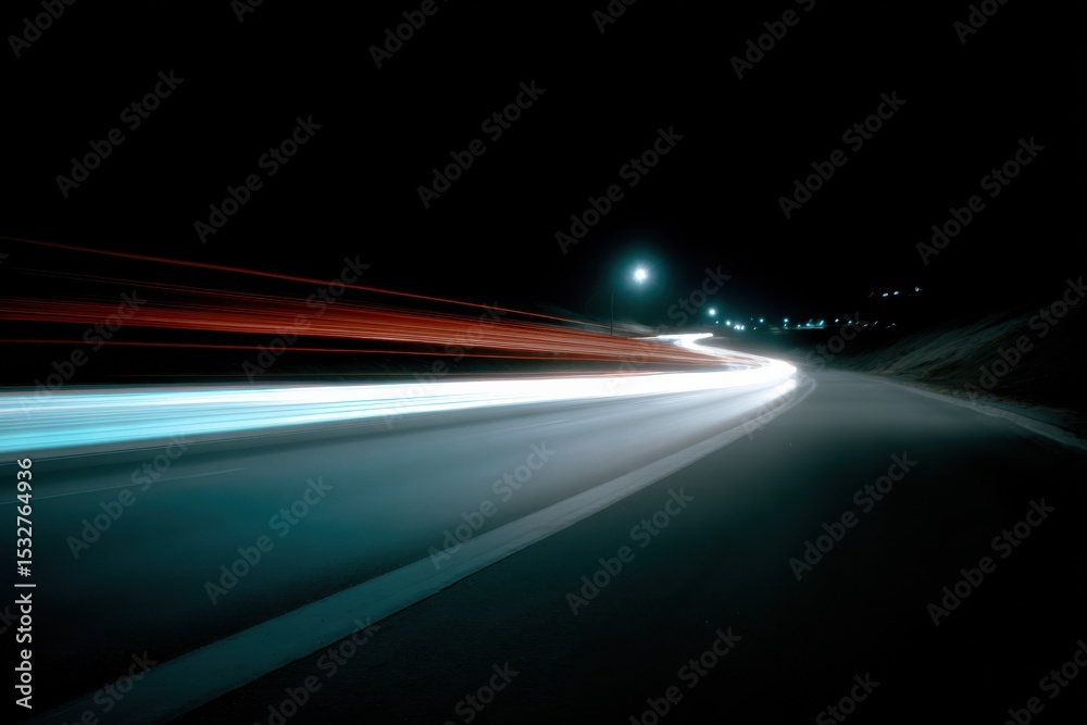 Poster car light trails on a dark highway at night, representing high speed internet and modern transportat