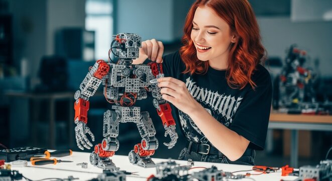 Young Woman Engineer Assembling Robotic Arm: STEM Education & Robotics Technology