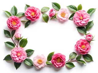 Pink Camellia Flowers and Green Leaves Forming a Border on White Background