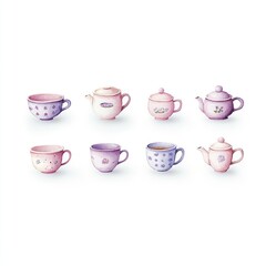 Watercolor painting of eight pastel teacups and teapots in shades of pink and purple