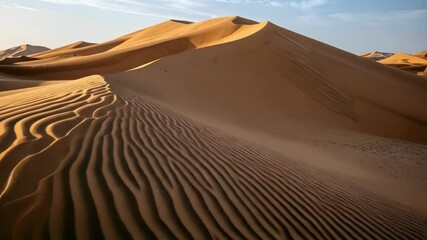 Rolling sand dunes and wind ripples in a desert landscape during golden hour with bright sky - Powered by Adobe