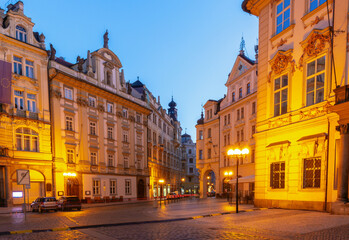 Baroque style buildings in Prague Czech Republic lit at dawn in the historic center