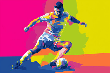 A vibrant vector-style illustration of a soccer player in motion, using flat colors, bold shapes, and minimal shadows on a bright, colorful background with high contrast and modern flair.