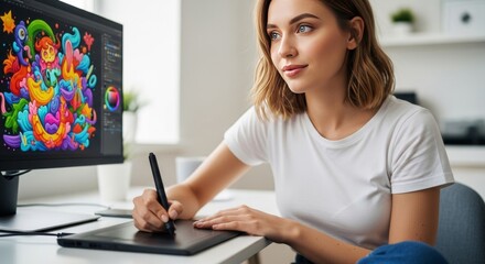 Young Creative Woman Using Graphic Tablet to Design Colorful Doodle Art