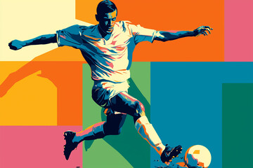 A vibrant vector-style illustration of a soccer player in motion, using flat colors, bold shapes, and minimal shadows on a bright, colorful background with high contrast and modern flair.