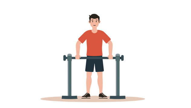 Young man exercising on parallel bars in flat vector style, white background, fitness training and calisthenics concept