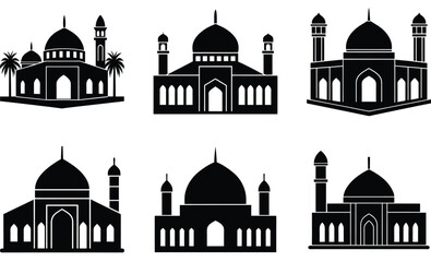 American Mosque Silhouette Vector Set – Modern Islamic Architecture from North and South America Featuring Contemporary Domes, Minarets, and Multicultural Design Elements
