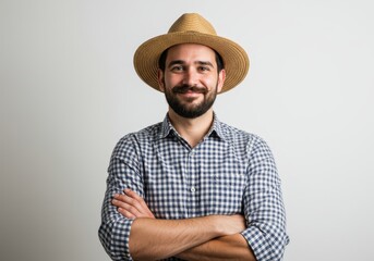 Happy farmer with arms crossed wearing a straw hat