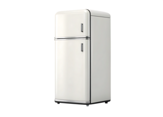 A pristine white retro refrigerator with a two door design against a black background in a studio shot