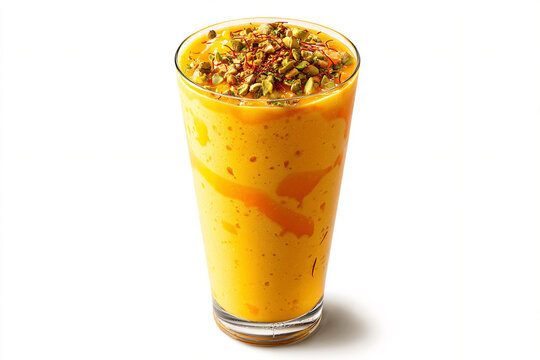 A photorealistic Indian mango lassi in a tall glass