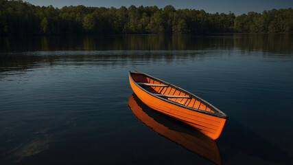 Wooden Canoe Floating on Calm Dark Water 