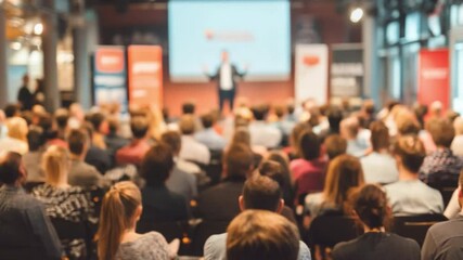 Conference Keynote Speaker: A large audience attentively listens to a keynote speaker delivering a presentation at a business conference. The focus is on the engaged audience.