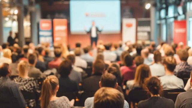 Conference Keynote Speaker: A large audience attentively listens to a keynote speaker delivering a presentation at a business conference. The focus is on the engaged audience.