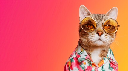 Cool Luxury Cat Wearing Sunglasses and Summer Outfit – Funny Pet Portrait, Stylish Vacation Mood, Summer Season Animal Concept, Isolated on Colorful Gradient Background