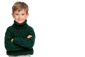 Stylish young boy with arms crossed, smiling confidently. Isolated on transparent background, perfect for fashion, kids wear, or advertising concepts