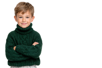 Stylish young boy with arms crossed, smiling confidently. Isolated on transparent background, perfect for fashion, kids wear, or advertising concepts
