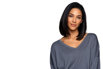 Beautiful Hispanic woman with natural makeup posing confidently in a casual grey top against a transparent background
