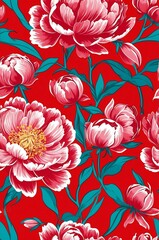 Peonies on red background cartoonish seamless pattern