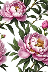 Peonies on white background cartoonish seamless pattern
