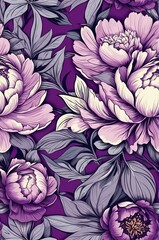 Peonies on purple background cartoonish seamless pattern