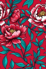 Peonies on red background cartoonish seamless pattern