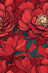 Peonies on red background cartoonish seamless pattern