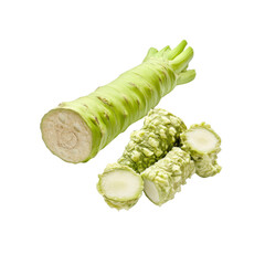 Fresh Wasabi Root with Cross-Section Slices, Isolated on Black Background
