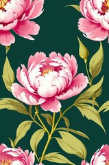 Peonies on green background cartoonish seamless pattern