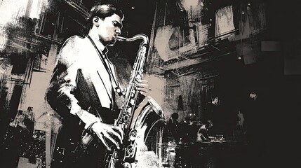 Male saxophonist in a stylish suit passionately playing saxophone on stage, surrounded by a lively audience, capturing the essence of jazz music performance and artistic expression