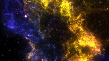 A cosmic view of a nebula with yellow and blue colors and scattered stars around