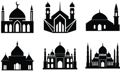 Mosque Silhouette Vector Collection – Diverse Islamic Architecture Styles Featuring Domes, Minarets, and Cultural Designs for Religious and Heritage Projects