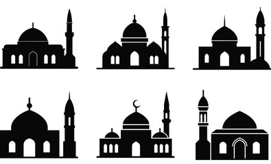 Mosque Silhouette Vector Collection – Diverse Islamic Architecture Styles Featuring Domes, Minarets, and Cultural Designs for Religious and Heritage Projects
