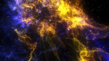 A cosmic view of a nebula with golden and blue hues and scattered starlight