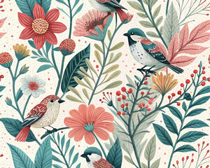 Seamless Tropical Jungle Vector Illustration Pattern. Cute Artsy Mix of Botanical Elements, Abstract Shapes, Animals and Birds for fabric design, nursery decor, kids' products, wallpapers, packaging, 