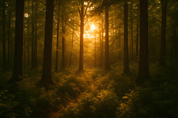 Obraz premium A serene forest scene with golden sunlight filtering through tall trees, creating a magical atmosphere.