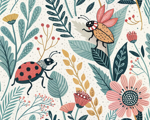 Seamless Tropical Jungle Vector Illustration Pattern. Cute Artsy Mix of Botanical Elements, Abstract Shapes, Animals and Birds for fabric design, nursery decor, kids' products, wallpapers, packaging, 