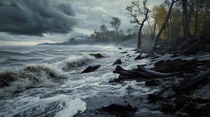 Epic Coastal Floodscape: Extreme Rainfall and the Spectacular Aftermath of Nature's Raw, Unyielding Power Transforming the Drenched Shoreline