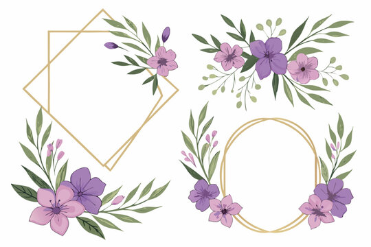 Elegant Floral Frame Collection with Purple Flowers and Green Leaves Featuring Geometric Gold Frames for Wedding Invitations Cards and Decorative Design Elements on a