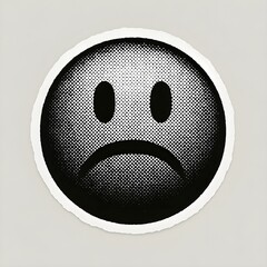 Monochrome distressed sad face.black halftone sad face sticker, ideal for emotion art.Sad face graphic in halftone, perfect for expressive design