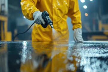 Worker sprays water in industry